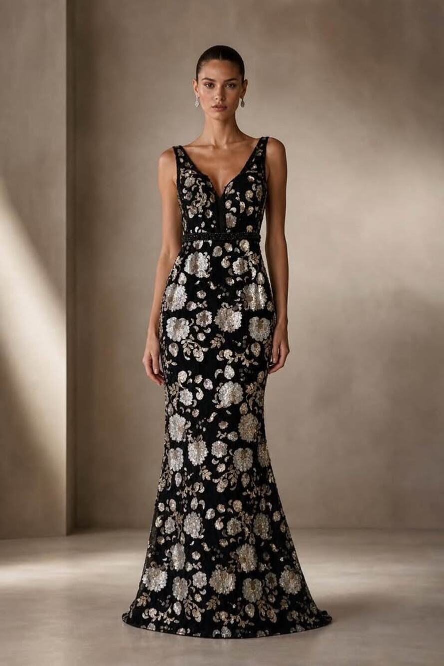 Colors Size O Black Gold Silver Floral Sequin Mermaid Trumpet Evening Gown Dress